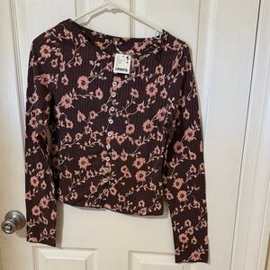 Free People Floral Button-Down Shirt - Brown and Pink